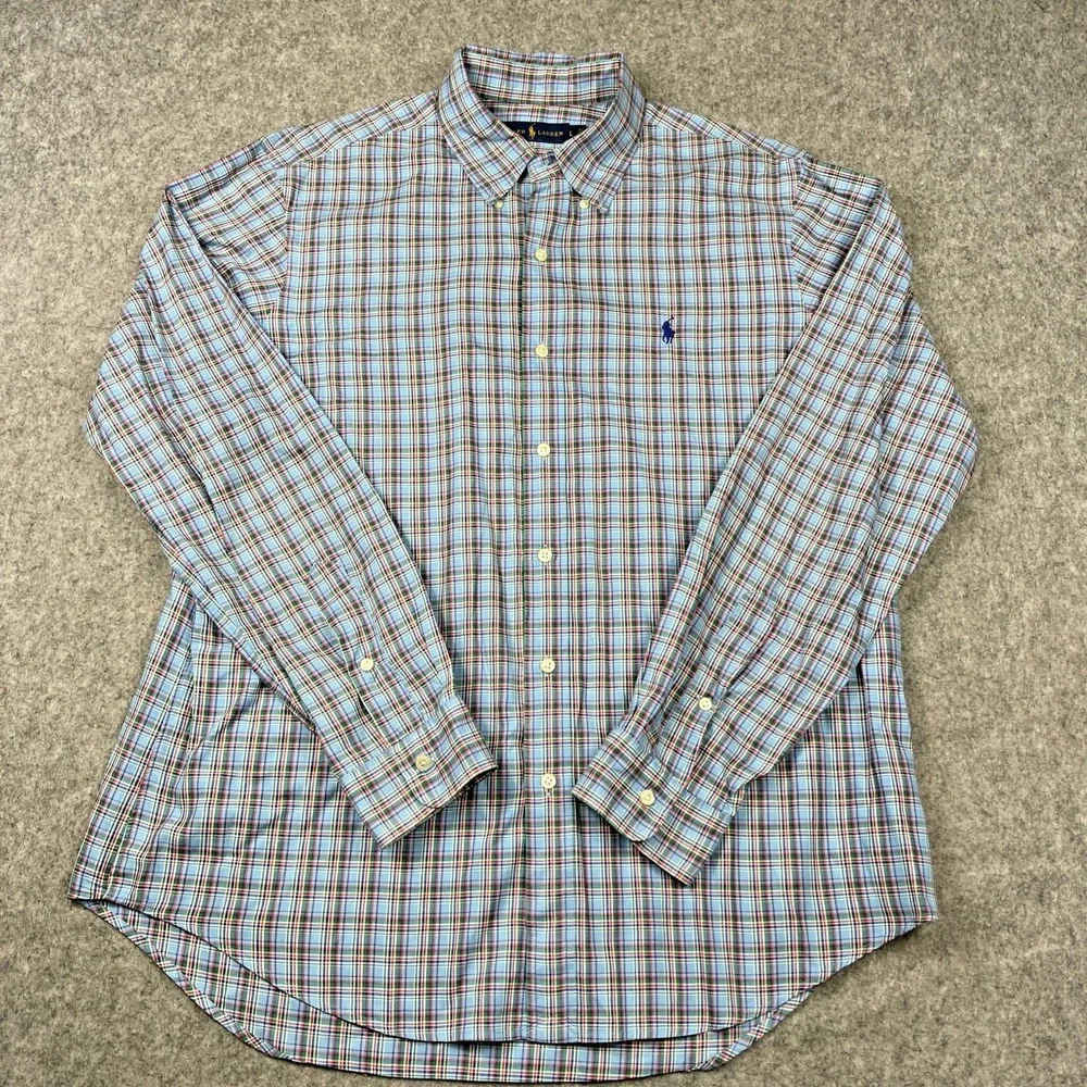 Ralph Lauren Shirt Men Large Blue‎ Multicolored Plaid Long Sleeve Cotton Preppy